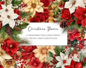 Conjunto de imágenes prediseñadas de flores navideñas en acuarela, PNG transparente (descarga digital)