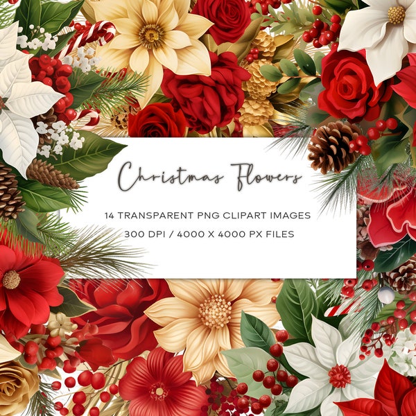 Watercolor Christmas Flowers Clipart, Transparent PNG, Floral Clipart, Christmas Clipart, Floral Christmas Clipart, Christmas Card Clipart