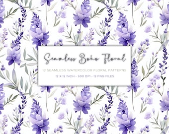 Boho Floral Watercolor Pattern, Seamless Digital Paper (Digital Download)