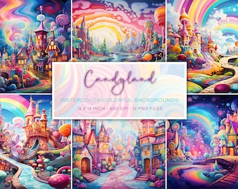 Candyland Watercolor Backgrounds, Psychedelic Backgrounds, Instant Download, Colorful Watercolor Backgrounds, Fairytale Backgrounds