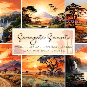 Sfondi acquerello con paesaggi safari, ispirati al Kilimangiaro, Serengeti, sfondi tramonto, carta digitale, paesaggi africani, scrapbooking