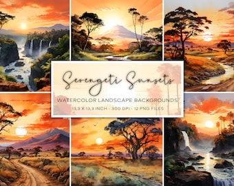 Fondos de acuarela con paisajes de safari, inspirados en el Kilimanjaro, el Serengeti, fondos de atardeceres, papel digital, paisaje africano, scrapbooking