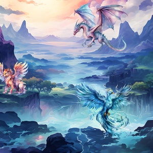 May include: A fantasy landscape featuring a blue dragon, a phoenix, and a winged lion. The dragon is soaring through the air, the phoenix is perched on a rock, and the lion is standing on a cliff. The background is a misty, blue and purple landscape.
