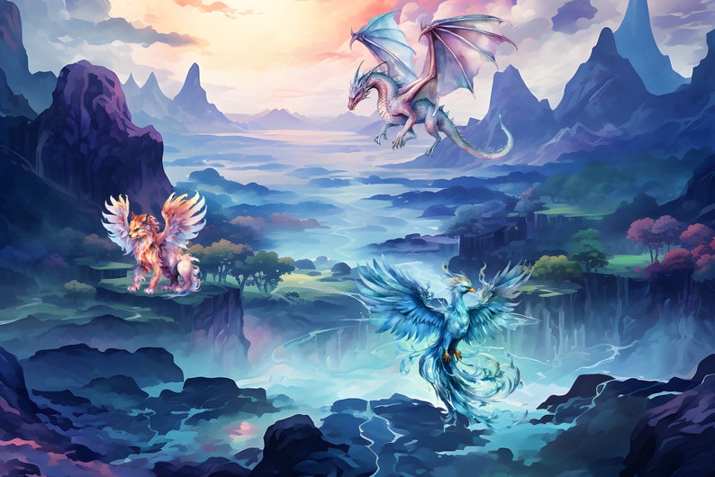 May include: A fantasy landscape featuring a blue dragon, a phoenix, and a winged lion. The dragon is soaring through the air, the phoenix is perched on a rock, and the lion is standing on a cliff. The background is a misty, blue and purple landscape.