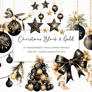 Schwarz & Gold Weihnachtsdekoration Aquarell Clipart, Weihnachtscliparts, Kartenherstellung, transparente PNG, digitaler Download, Aquarell Clipart