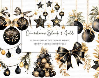 Imágenes prediseñadas de acuarela de decoración navideña en negro y dorado, imágenes prediseñadas navideñas, creación de tarjetas, PNG transparente, descarga digital, imágenes prediseñadas de acuarela