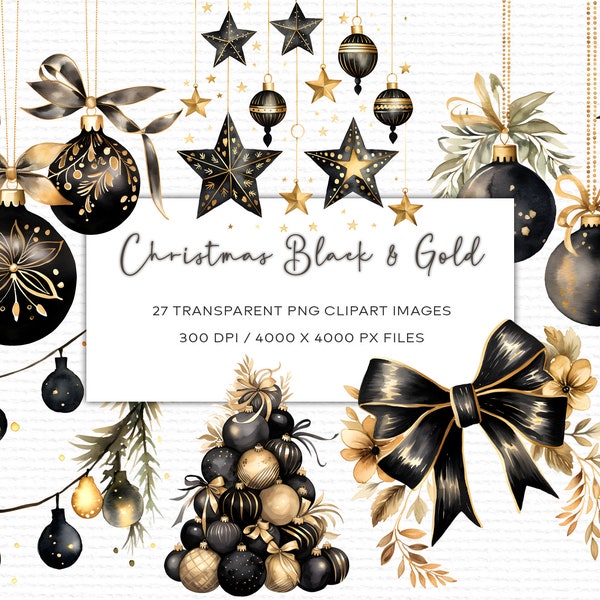 Black & Gold Christmas Decoration Watercolor Clipart, Christmas Clipart, Card Making, Transparent PNG, Digital Download, Watercolor Clipart