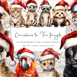Kerst jungle dieren aquarel clipart, rode panda clipart, stokstaartje clipart, tijger clipart, Madagaskar clipart, scrapbooking, afdrukbare