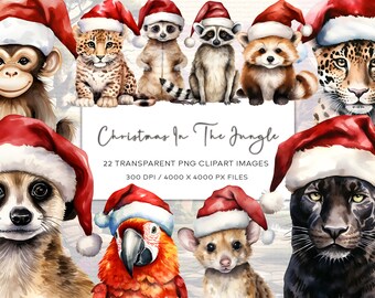 Christmas Jungle Animals Watercolor Clipart, PNG Set (Digital Download)