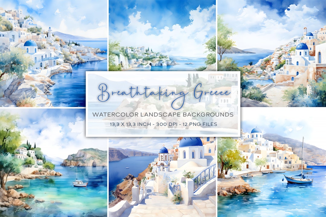 Greece Inspired Watercolor Backgrounds, Greek Landscape Backgrounds ...