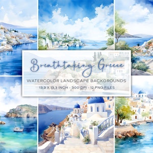 Aquarelle, Inspiré De La Grèce, Arrière-plans De Paysages Grecs, Nature, Papier Numérique, Fond D'aquarelle, Milieux De Voyage