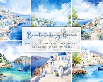 Fondos de acuarela inspirados en Grecia, fondos de paisajes griegos, naturaleza, papel digital, fondo de acuarela, fondos de viaje