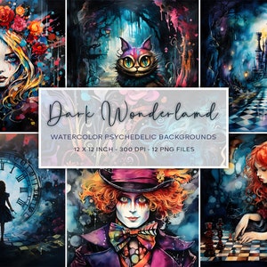Sfondi ad acquerello ispirati ad Alice nel paese delle meraviglie, Dark Wonderland, carta digitale, download immediato, Alice nel paese delle meraviglie oscuro, psichedelico