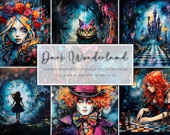 Alice in Wonderland Inspired Watercolor Backgrounds, Dark Wonderland, Digital Paper, Instant Download, Alice In Dark Wonderland, Psychedelic