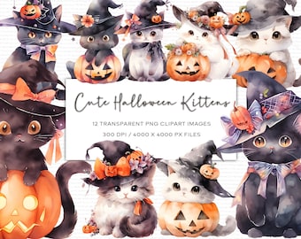 Imágenes prediseñadas de gatitos de Halloween en acuarela, PNG transparente (descarga instantánea)