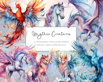 May include: A digital illustration set of 14 mythical creatures, including a phoenix, unicorn, dragon, griffin, and more. The creatures are depicted in a watercolor style with vibrant colors and intricate details. The images are perfect for use in digital scrapbooking, card making, and other creative projects.