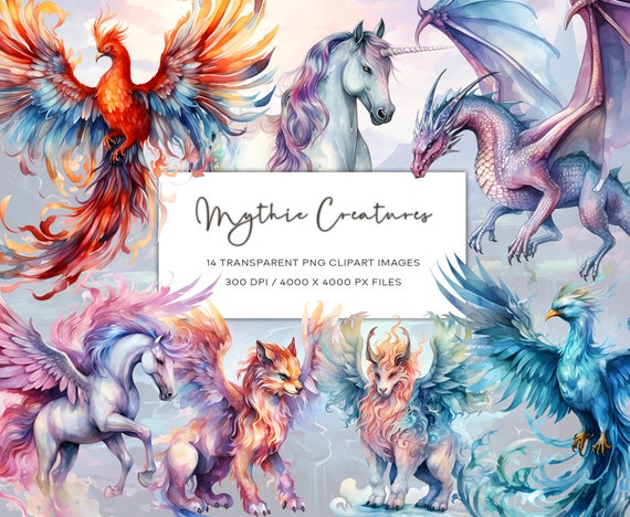 Fantasy Clipart Set, Mythic Creatures, Fantasy Creatures, Unicorn Clipart, Pegasus Clipart, Watercolor Fantasy Clipart Set, Transparent PNG