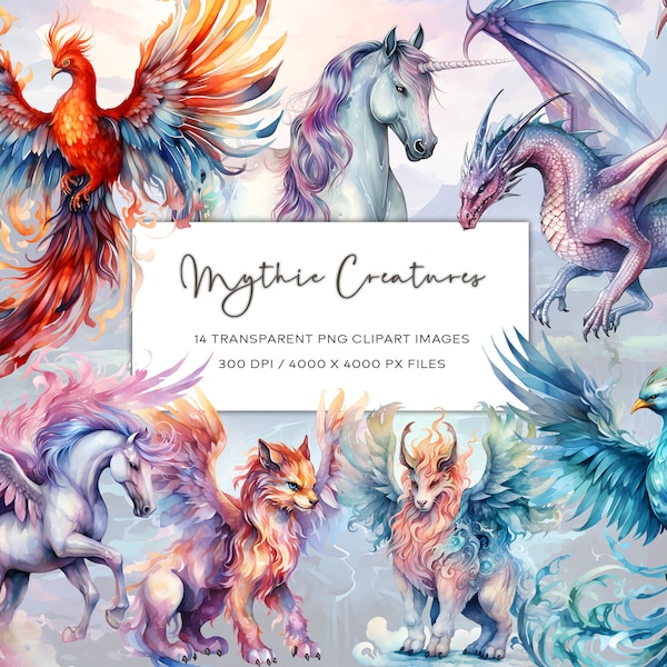 Fantasy Clipart Set, Mythic Creatures, Fantasy Creatures, Unicorn Clipart, Pegasus Clipart, Watercolor Fantasy Clipart Set, Transparent PNG