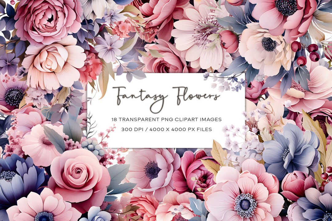 Watercolor Pink Fantasy Flower Clipart, Floral PNG (instant Download ...