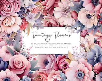 Imágenes prediseñadas de flores de fantasía rosas en acuarela, PNG floral (descarga instantánea)