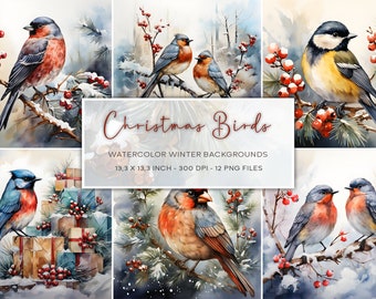 Fondos de acuarela de pájaros navideños, fondo navideño, descarga instantánea, papel digital navideño, tarjeta navideña, descarga instantánea