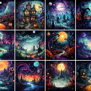 May include: A digital collage of 12 spooky Halloween scenes featuring haunted houses, spooky trees, jack-o'-lanterns, and a full moon.