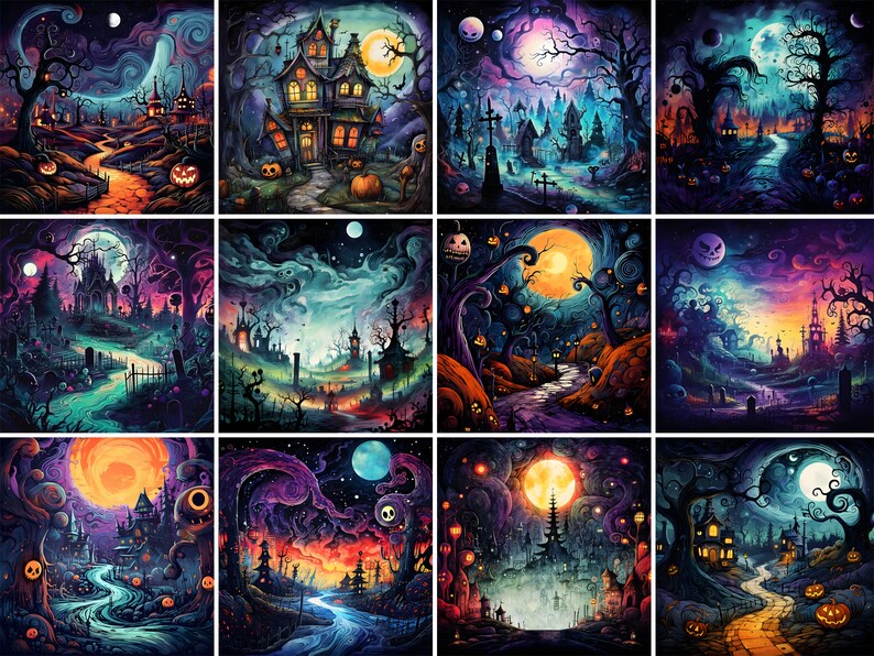 May include: A digital collage of 12 spooky Halloween scenes featuring haunted houses, spooky trees, jack-o'-lanterns, and a full moon.