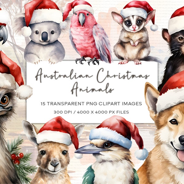 Christmas Australian Animals Watercolor Clipart, Kangaroo Clipart, Koala Clipart, Sugar Glider Clipart, Dingo Clipart, Scrapbooking