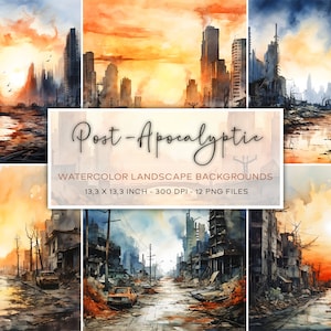 Post-apocalyptische aquarel achtergronden, achtergrond, Post-apocalyptisch landschap, Scrapbooking, Einde van de wereld, digitale achtergrond, landschap, landschap