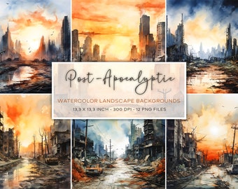 Post-Apocalyptic Watercolor Backgrounds, Backdrop, Post Apocalyptic Landscape, Scrapbooking, End Of The World, Digital Backdrop, Landscape