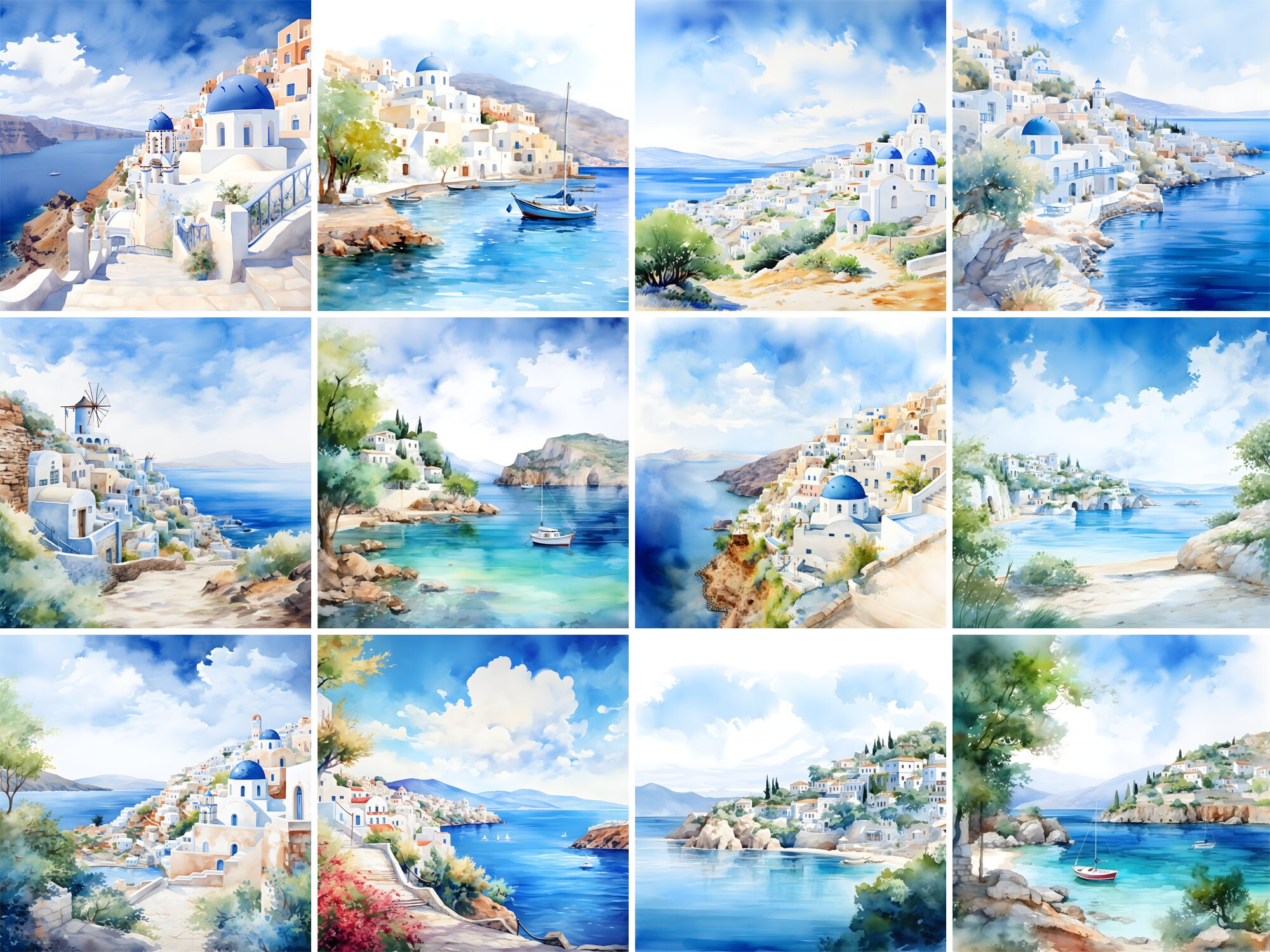 Greece Inspired Watercolor Backgrounds, Greek Landscape Backgrounds ...
