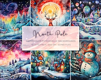 Psychedelic Christmas Watercolor Backgrounds, Digital Paper (Instant Download)