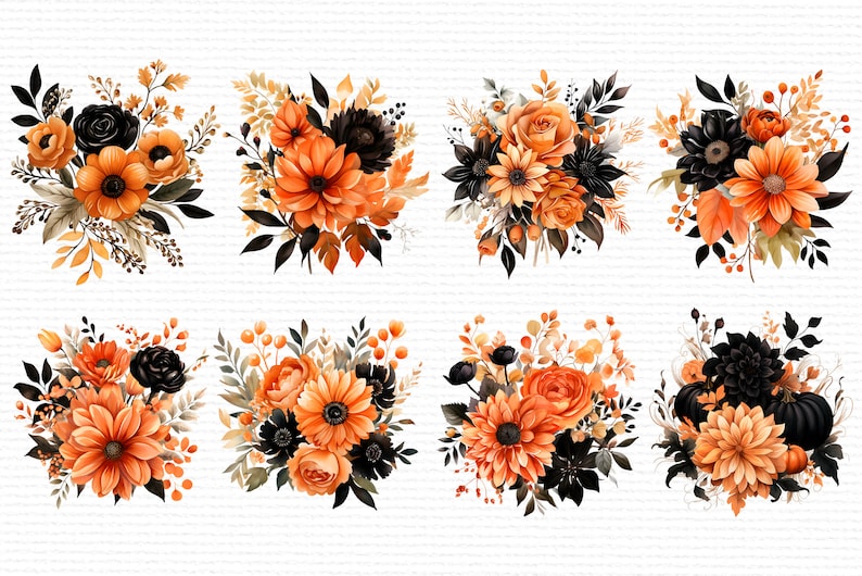 May include: Eight watercolor floral bouquets in shades of orange, black, and brown. The bouquets feature various flowers, including roses, sunflowers, and dahlias.