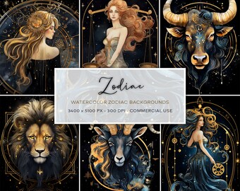 Watercolor Zodiac Sign Backgrounds, Astrology Digital Paper (Digital Download)