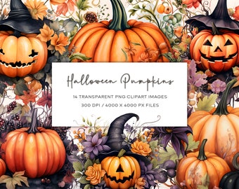 Imágenes prediseñadas de calabazas de Halloween en acuarela, imágenes PNG florales (descarga digital)