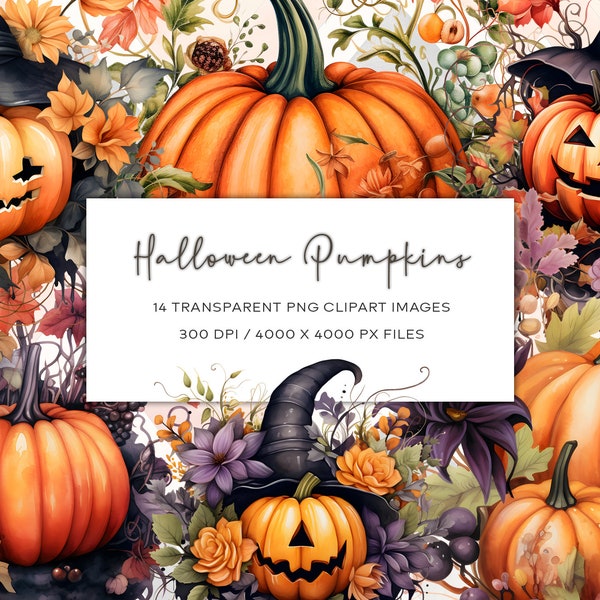 Halloween Pumpkin Watercolor Clipart, Transparent Watercolor Clipart, PNG Images, Floral Halloween Clipart, Jack-o'-latern Clipart