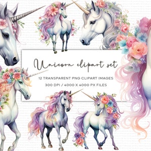 Einhorn Clipart Set, Fabelwesen, Fantasy Kreaturen, Aquarell Fantasy Clipart Set, transparent PNG, Floral Einhorn Clipart
