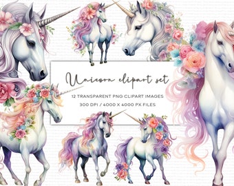 Conjunto de imágenes prediseñadas de unicornios, criaturas míticas, criaturas fantásticas, conjunto de imágenes prediseñadas de fantasía en acuarela, PNG transparente, imágenes prediseñadas de unicornios florales