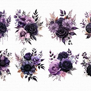 May include: Eight watercolor illustrations of purple and black floral bouquets. Each bouquet features a variety of flowers, including roses, anemones, and daisies. The bouquets are arranged in a symmetrical pattern, with four bouquets on the top row and four bouquets on the bottom row.