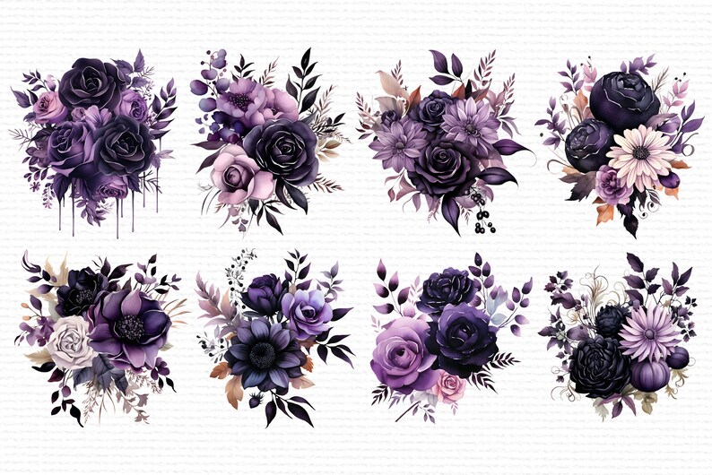 May include: Eight watercolor illustrations of purple and black floral bouquets. Each bouquet features a variety of flowers, including roses, anemones, and daisies. The bouquets are arranged in a symmetrical pattern, with four bouquets on the top row and four bouquets on the bottom row.