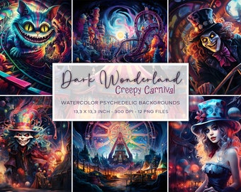 Dark Alice in Wonderland Watercolor Backgrounds, Creepy Carnival (Digital Download)