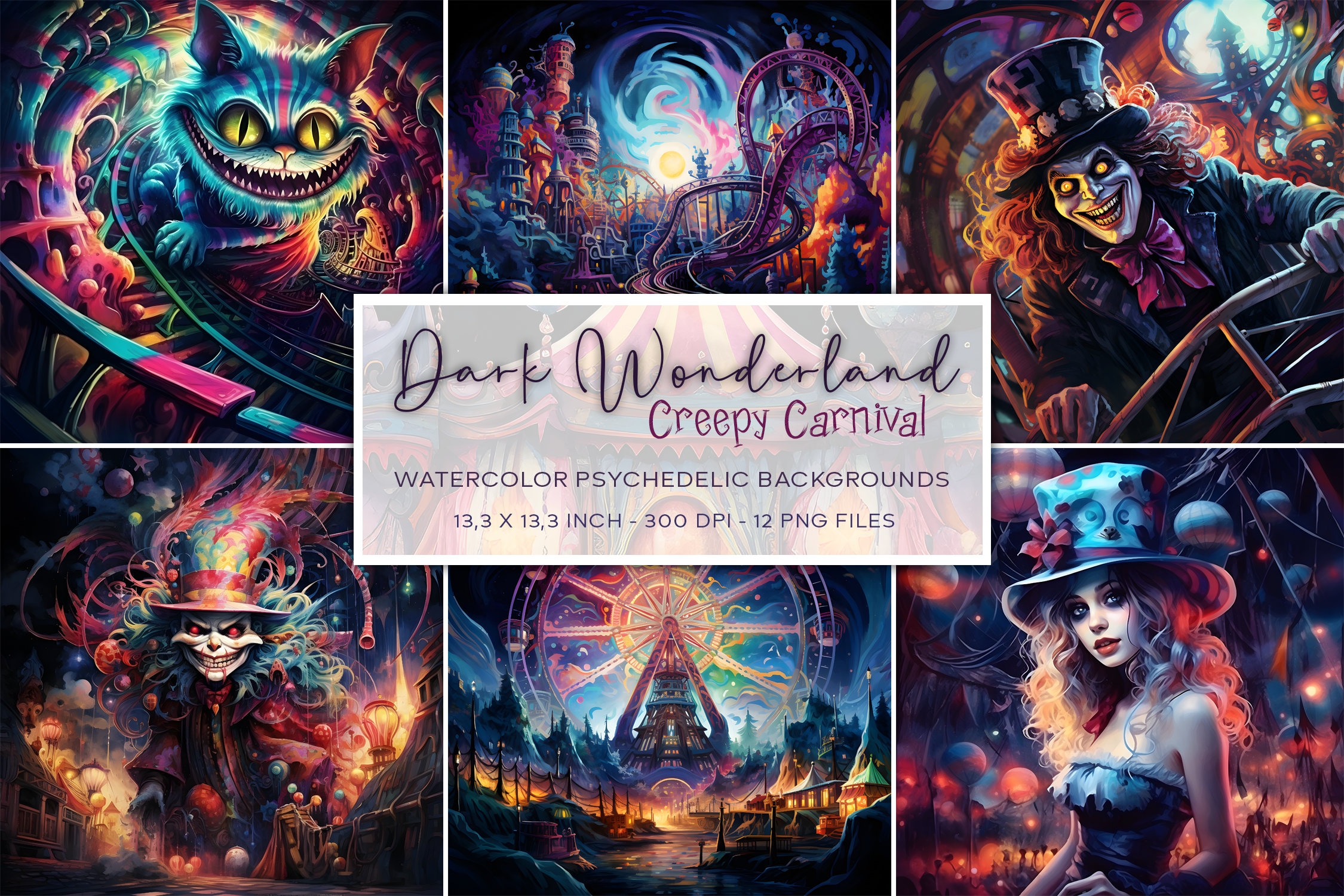 Alice in Wonderland Inspired Watercolor Backgrounds, Dark