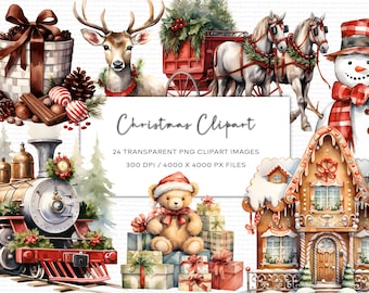 Watercolor Christmas Clipart Set, Transparent PNG (Digital Download)
