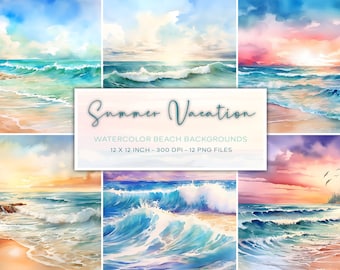 Watercolor Beach Backgrounds, Summer Backgrounds, Digital Paper, Beach Junk Journal, Watercolor Background, Ocean Waves, Scrapbooking Paper