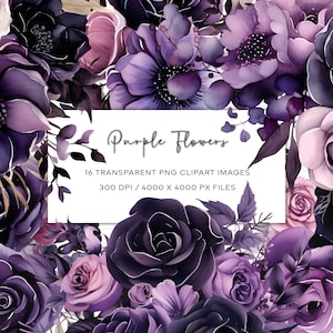 Aquarell lila Blumen Clipart, Halloween Blumen, transparente PNG, Floral Clipart, Instant Download, Aquarell Clipart