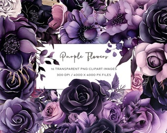 Watercolor Purple Flowers Clipart, Halloween Flowers, Transparent PNG, Floral Clipart, Instant Download, Watercolor Clipart