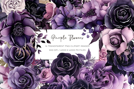 Watercolor Purple Flowers Clipart, Halloween Flowers, Transparent PNG, Floral Clipart, Instant Download, Watercolor Clipart