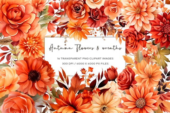 Watercolor Autumn Flowers And Wreaths Clipart, Transparent PNG, Watercolor Wreaths, Watercolor Flowers Clipart, Orange Flowers, Red Flowers