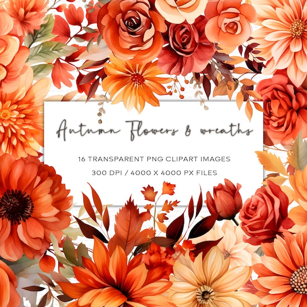 Watercolor Autumn Flowers And Wreaths Clipart, Transparent PNG, Watercolor Wreaths, Watercolor Flowers Clipart, Orange Flowers, Red Flowers