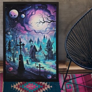 May include: A digital painting depicting a spooky graveyard at night. The scene is set in a forest with tall trees and a full moon in the sky. There are several tombstones and a small building with a door and windows. The painting is rendered in a dark and mysterious style with shades of purple, blue, and green.